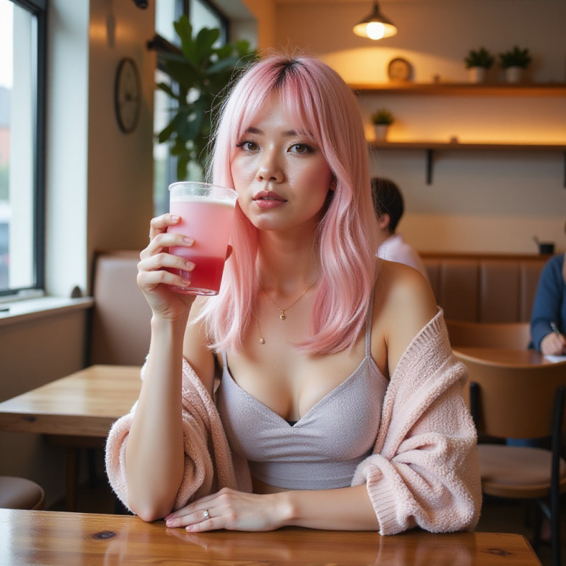 A person with pastel pink hair in a café. A person with pastel pink hair in a café.