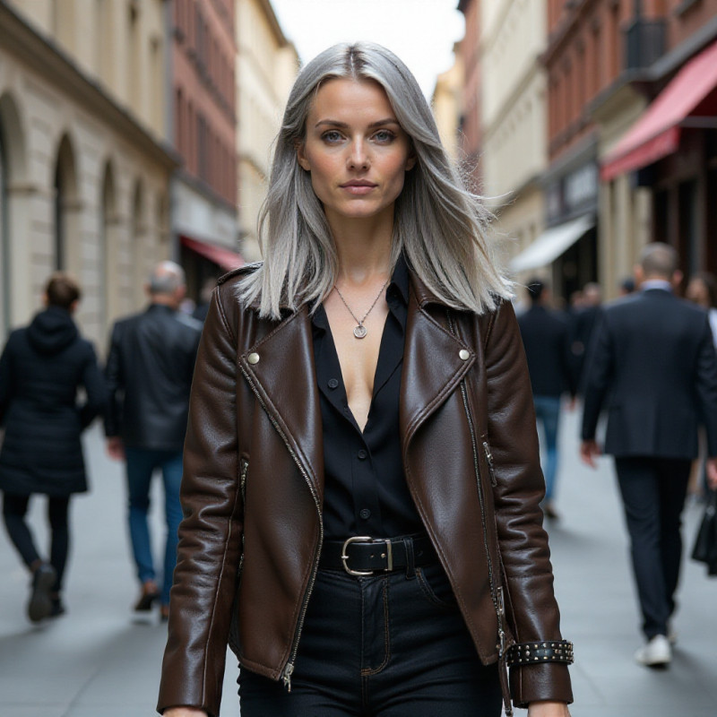 A person with silver grey hair in an urban setting. A person with silver grey hair in an urban setting.