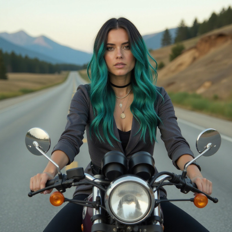 A person with teal ombre hair on a motorcycle. A person with teal ombre hair on a motorcycle.