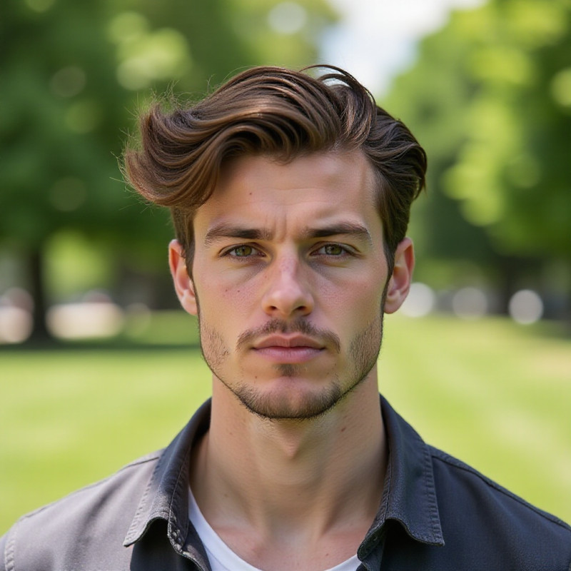 A young man showcasing a side-swept hairstyle.
