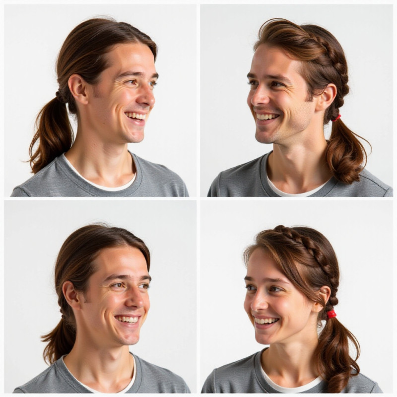 A young man showcasing various hairstyles for long hair. A young man showcasing various hairstyles for long hair.