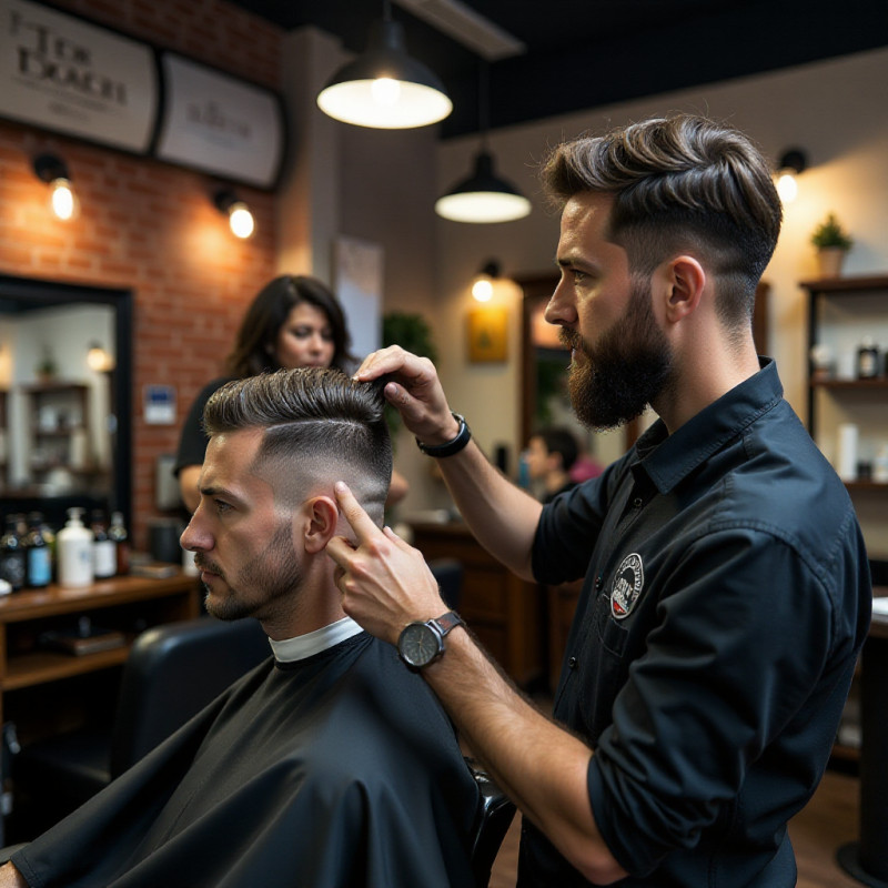 Barber consulting a client about their undercut hairstyle.