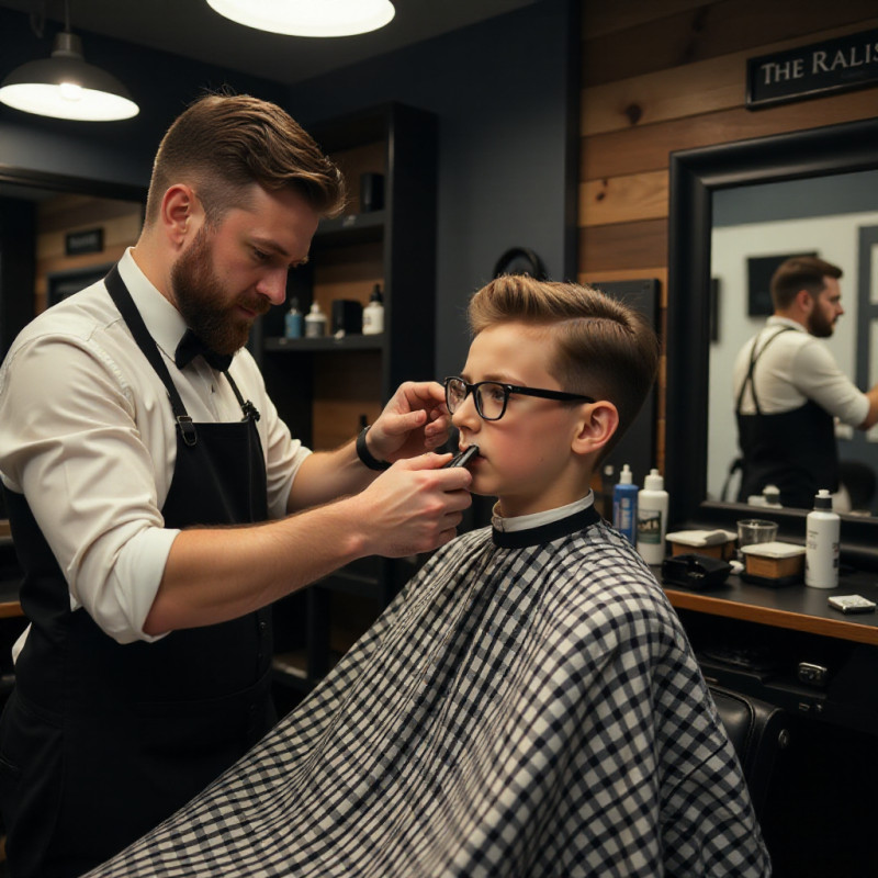 Barber trimming a young man's long hair. Barber trimming a young man's long hair.