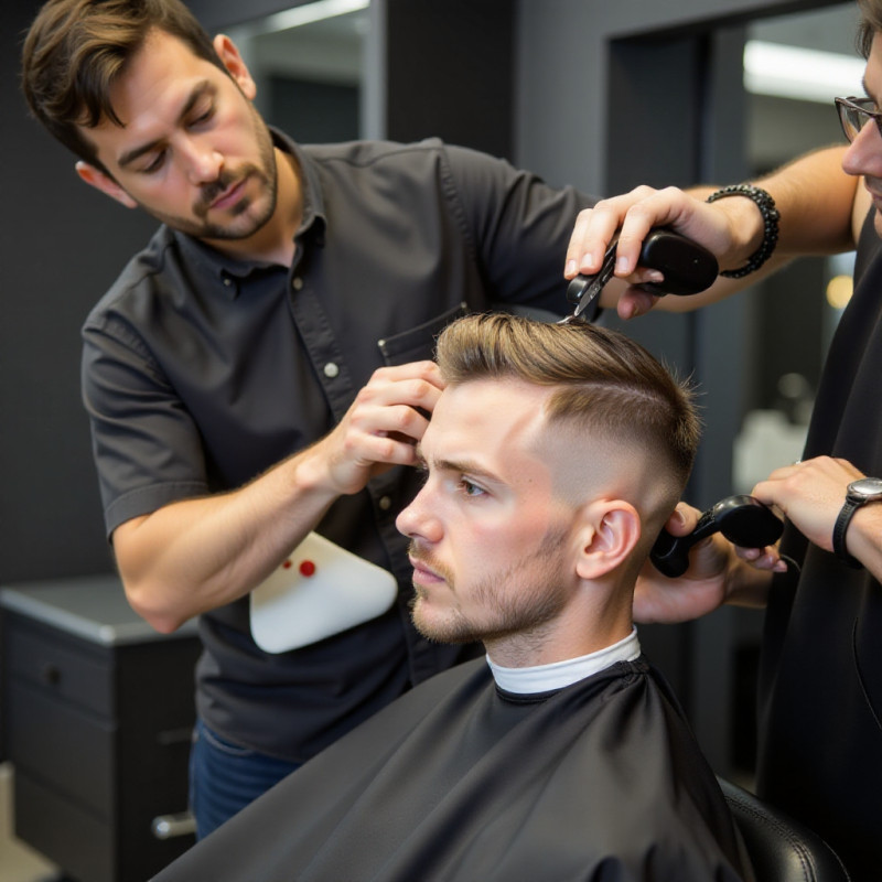 Barber trimming the hair of a man with an undercut.