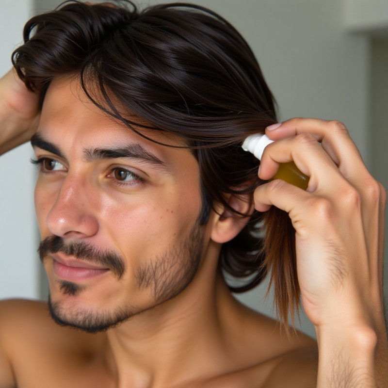 Close-up of young man applying oil to his hair. Close-up of young man applying oil to his hair.