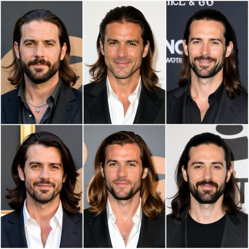 Collage of male celebrities with stylish long hair. Collage of male celebrities with stylish long hair.