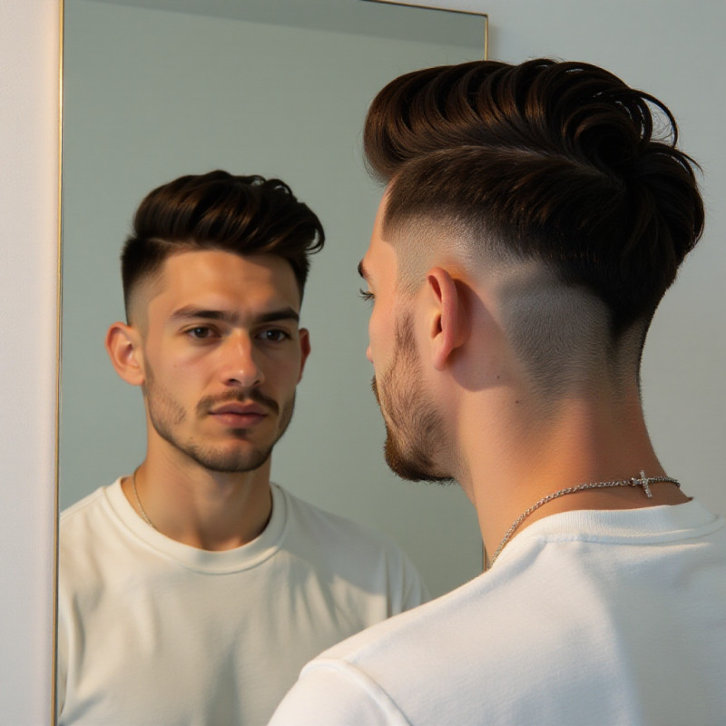 Confident young man looking at his unique undercut in the mirror.