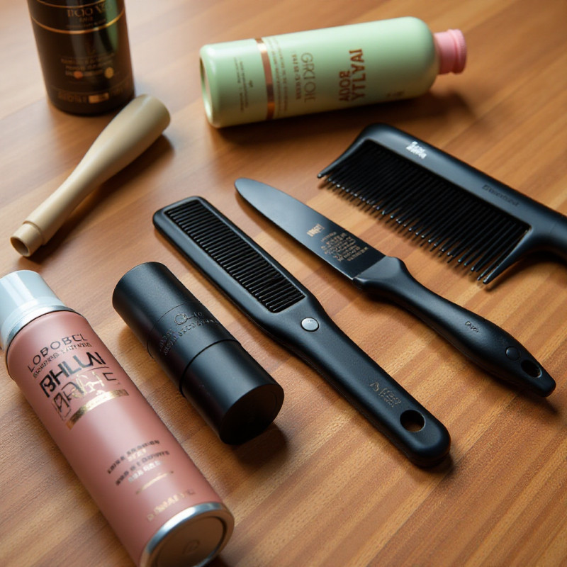 Flat lay of hairstyling products and tools. Flat lay of hairstyling products and tools.
