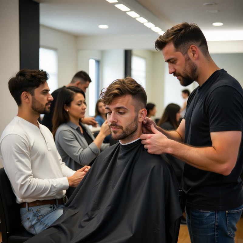 Group of men learning about hair care in a workshop. Group of men learning about hair care in a workshop.
