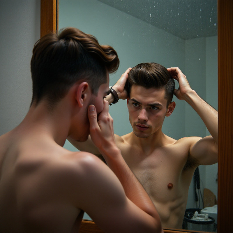 Man struggling to style his undercut due to rainy weather.