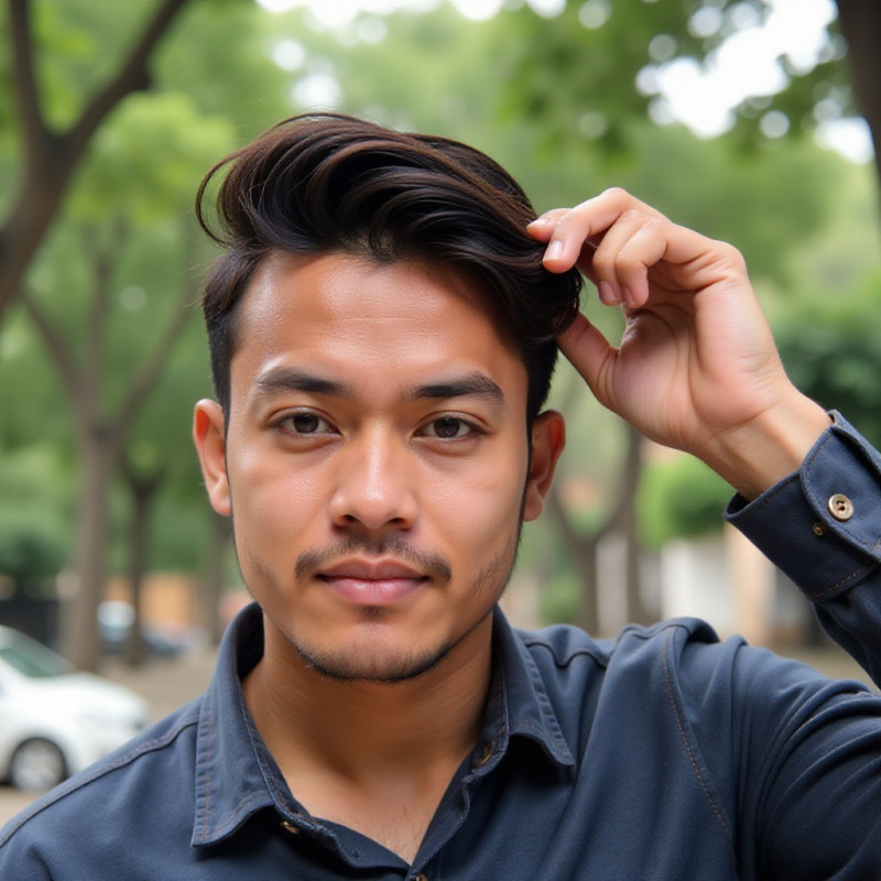 Man styling his hair outdoors. Man styling his hair outdoors.