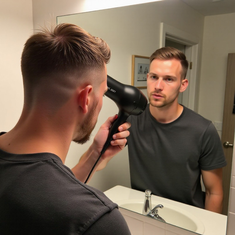 Man styling his undercut with a hairdryer.