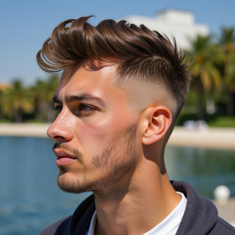 Man with textured undercut hair enjoying the sunlight.