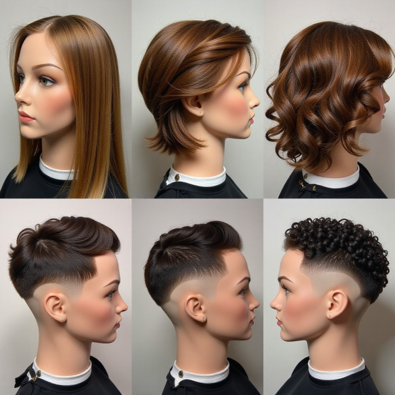 Mannequin heads with different hair types styled as undercuts.