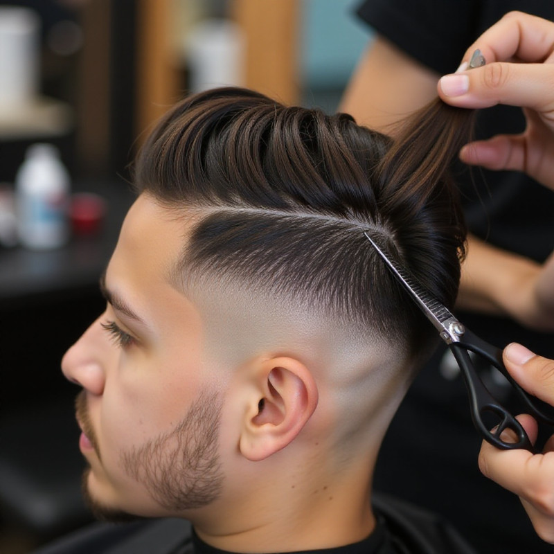 Stylist blending top hair length with sides of an undercut.