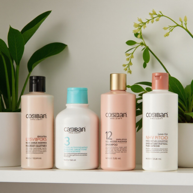 Various hair care products on a bathroom shelf. Various hair care products on a bathroom shelf.