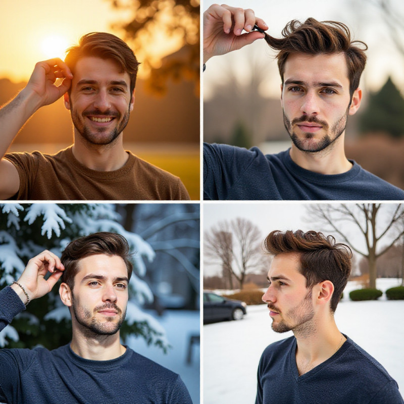 Young man adjusting his hairstyle for seasonal changes. Young man adjusting his hairstyle for seasonal changes.