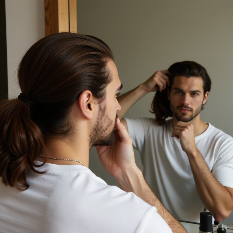 Young man adjusting his side part hairstyle. Young man adjusting his side part hairstyle.
