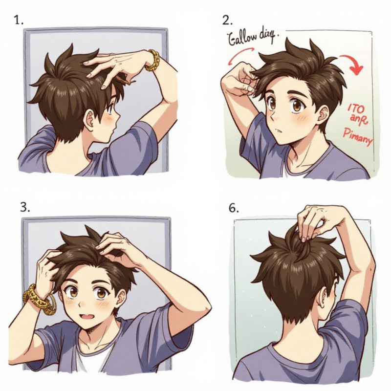 Young man demonstrating how to style side-swept hair. Young man demonstrating how to style side-swept hair.