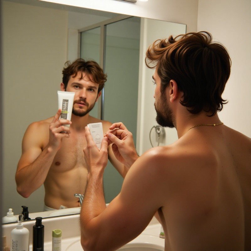 Young man engaged in his hair care routine. Young man engaged in his hair care routine.