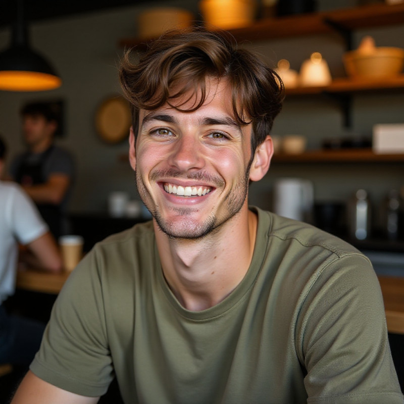 Young man enjoying coffee with side-swept hair. Young man enjoying coffee with side-swept hair.