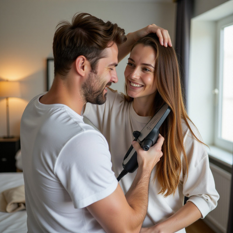 Young man spraying hair protectant before styling. Young man spraying hair protectant before styling.