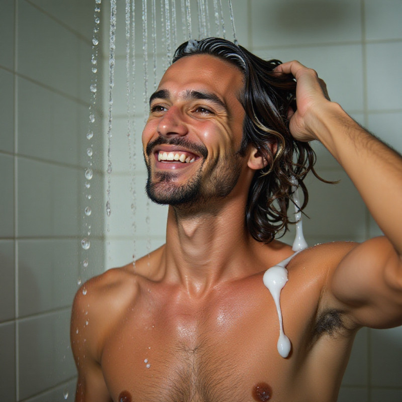 Young man washing his hair in the shower. Young man washing his hair in the shower.