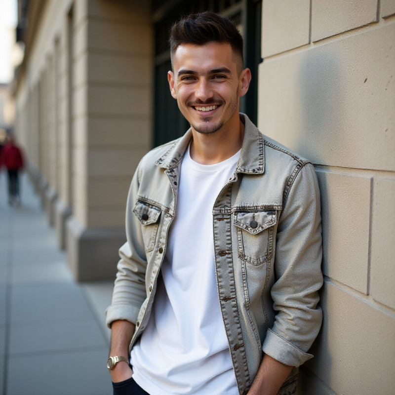 Young man with an undercut hairstyle leaning against a wall. Young man with an undercut hairstyle leaning against a wall.