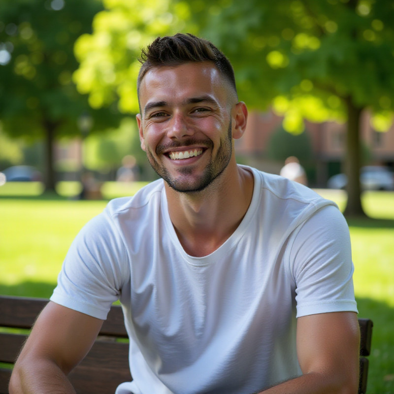 Young man with buzz cut enjoying time in the park. Young man with buzz cut enjoying time in the park.