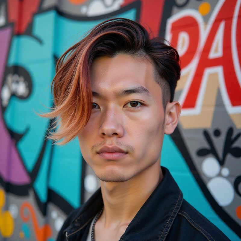 Young man with colorful side-swept hairstyle. Young man with colorful side-swept hairstyle.