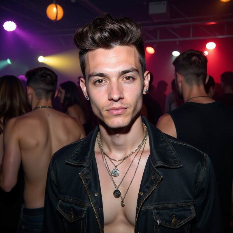 Young man with faux hawk hairstyle at a party. Young man with faux hawk hairstyle at a party.