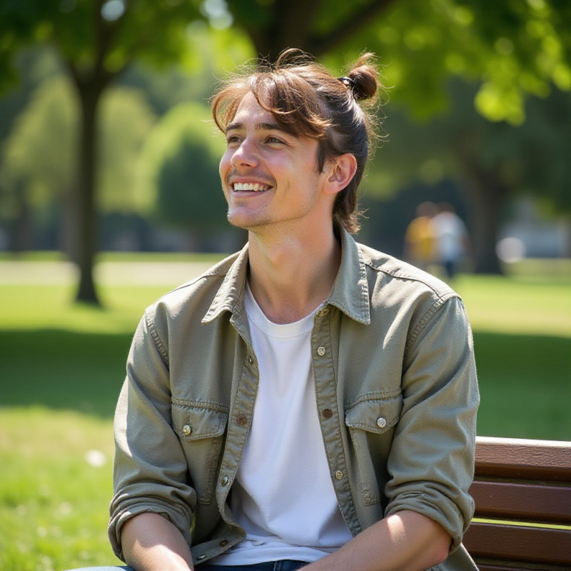 Young man with half-up bun outdoors in the park. Young man with half-up bun outdoors in the park.