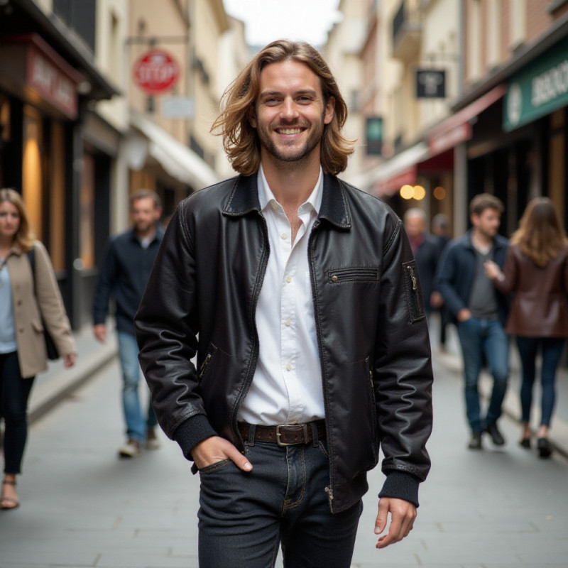 Young man with long hair confidently striding down the street. Young man with long hair confidently striding down the street.