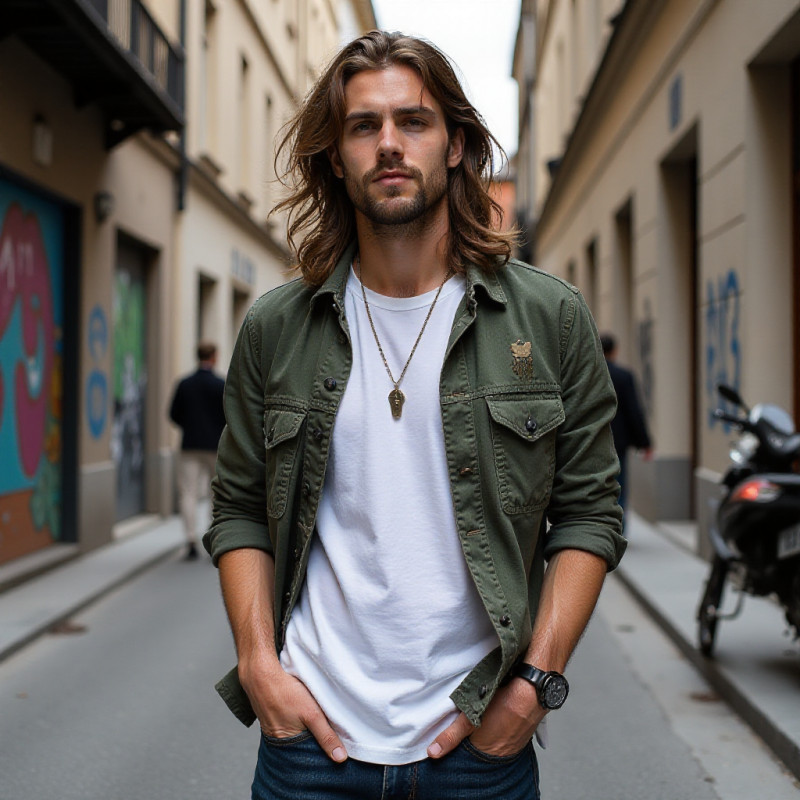 Young man with long hair standing in front of vibrant graffiti.