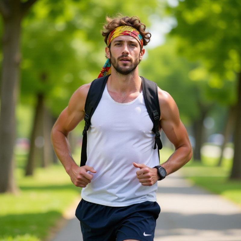 Young man with long hair wearing a headband while jogging. Young man with long hair wearing a headband while jogging.