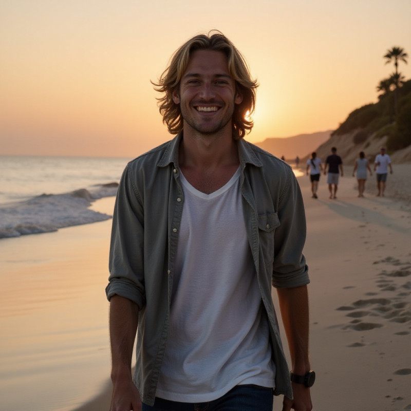 Young man with long layered hair walking on the beach. Young man with long layered hair walking on the beach.