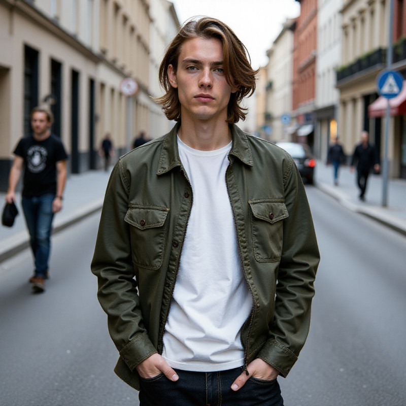 Young man with long side-swept hair in the city. Young man with long side-swept hair in the city.
