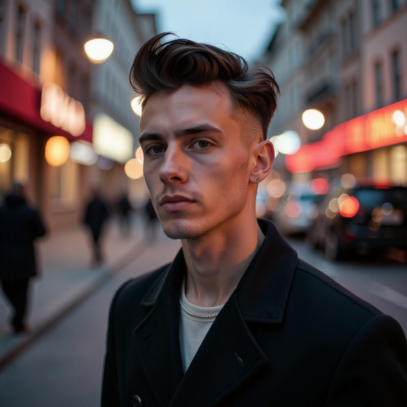 Young man with pompadour fade in the city. Young man with pompadour fade in the city.