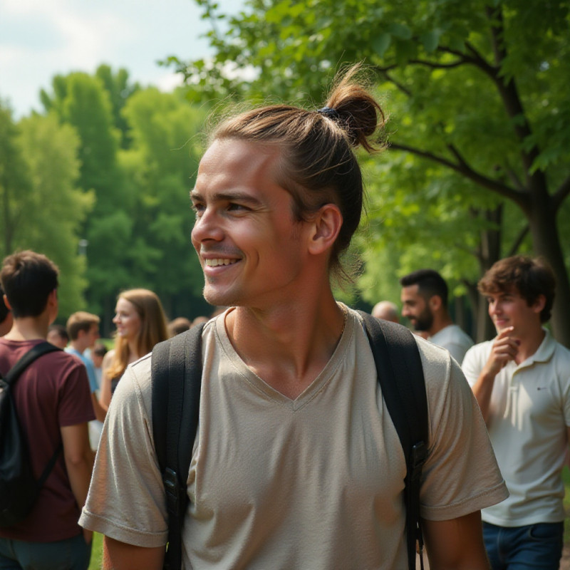 Young man with ponytail enjoying time with friends outdoors. Young man with ponytail enjoying time with friends outdoors.
