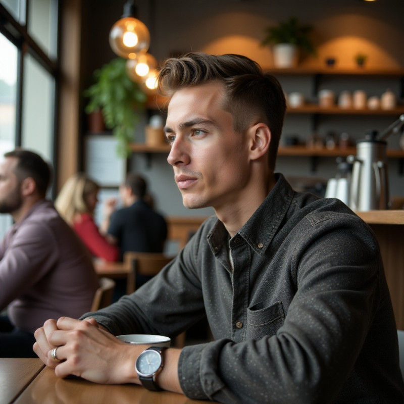Young man with slicked-back hair at a coffee shop. Young man with slicked-back hair at a coffee shop.
